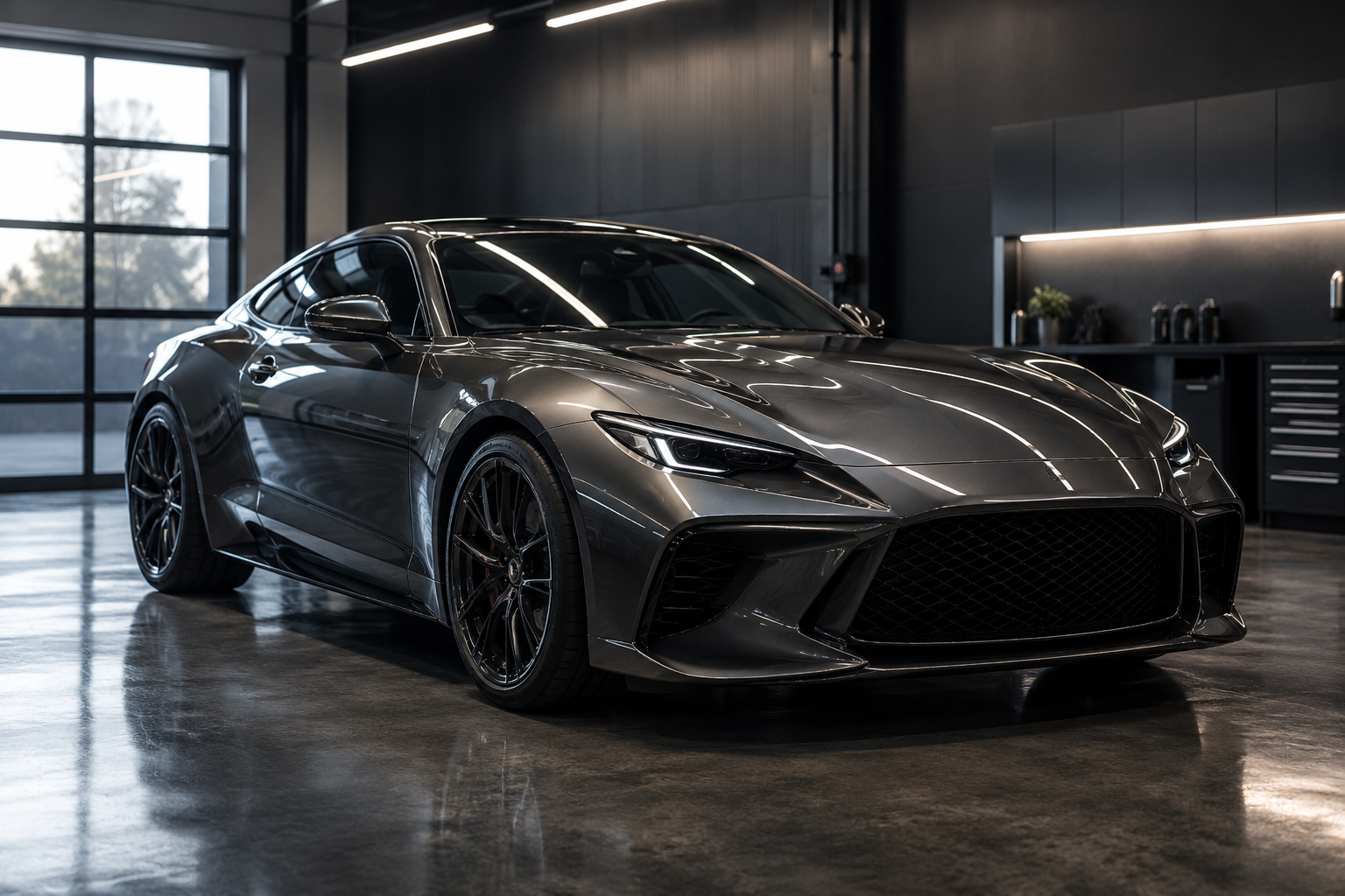 Coupé graphite soigné dans un atelier esthétique automobile