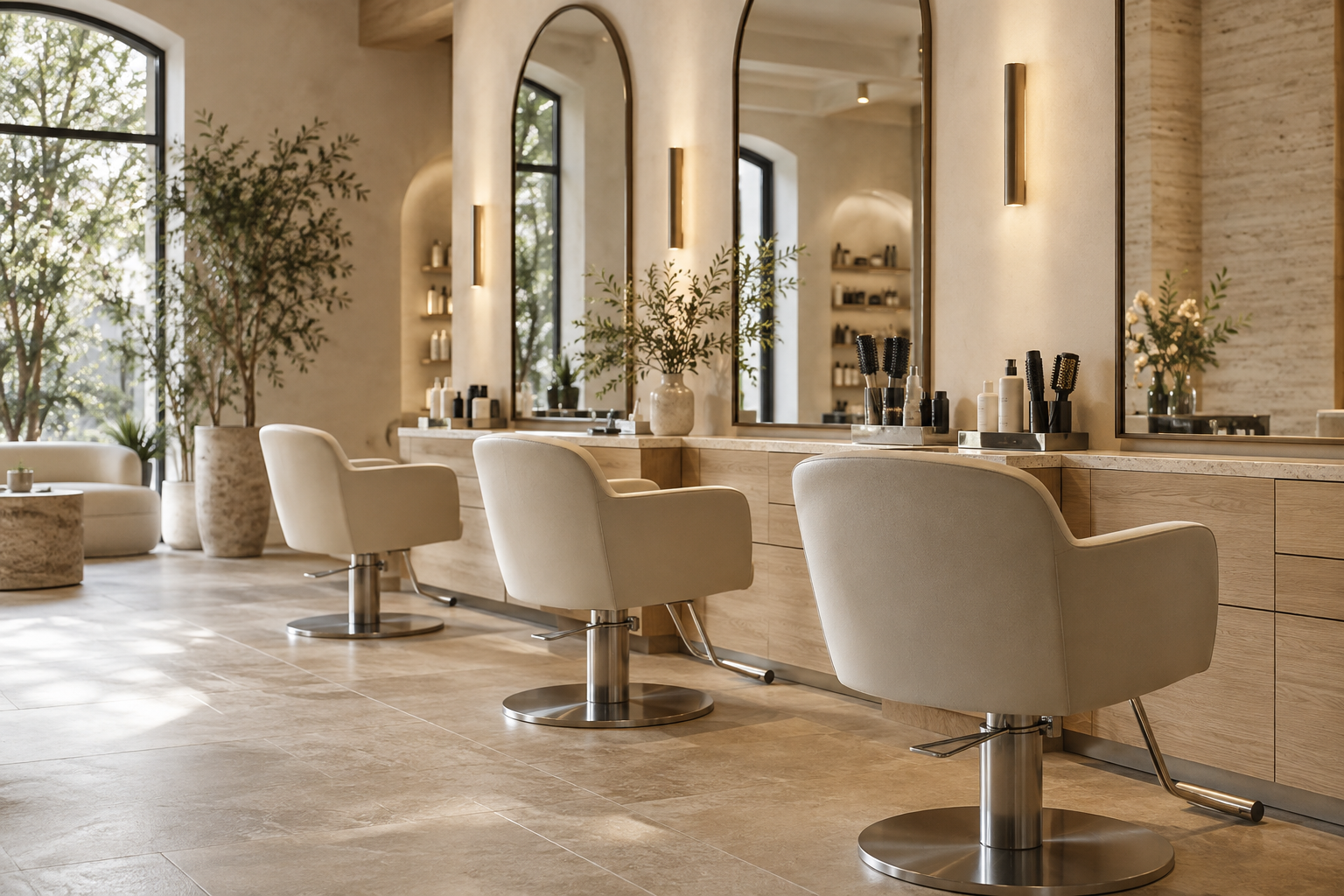 Salon lumineux avec fauteuils crème, miroirs arqués et finitions en chêne clair
