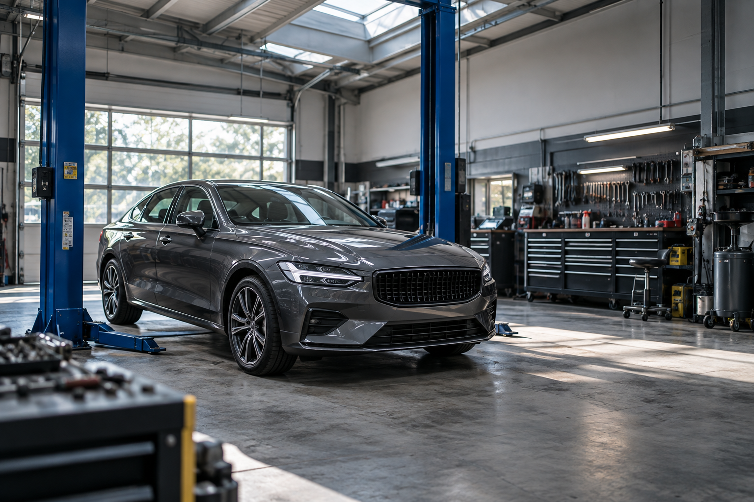 Voiture graphite entre les colonnes d’un pont élévateur hydraulique bleu dans un atelier automobile lumineux
