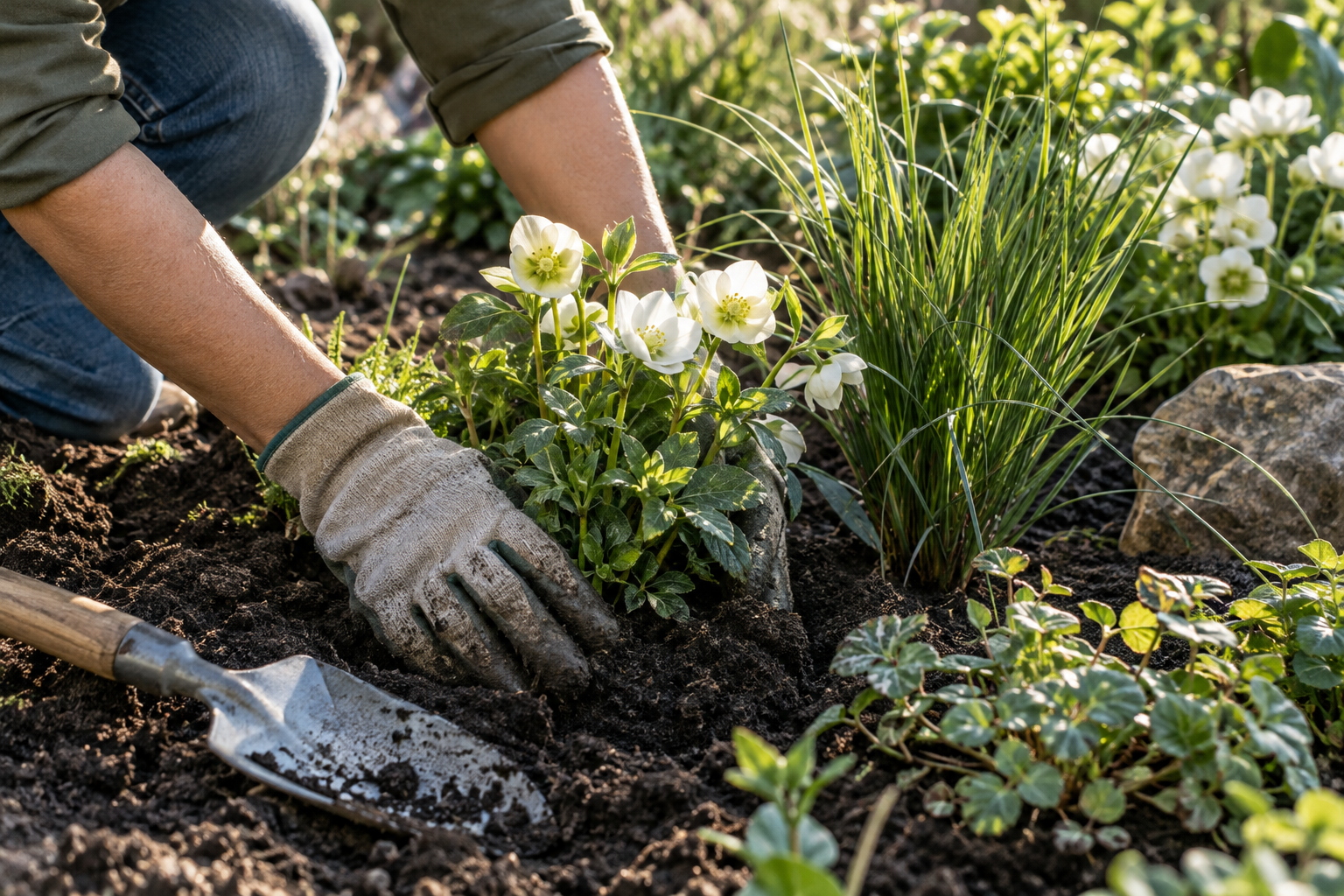 Mains gantées plantant des vivaces blanches près de graminées ornementales