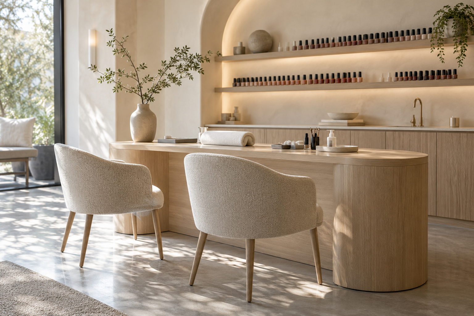 Studio de manucure lumineux avec fauteuils et table en bois