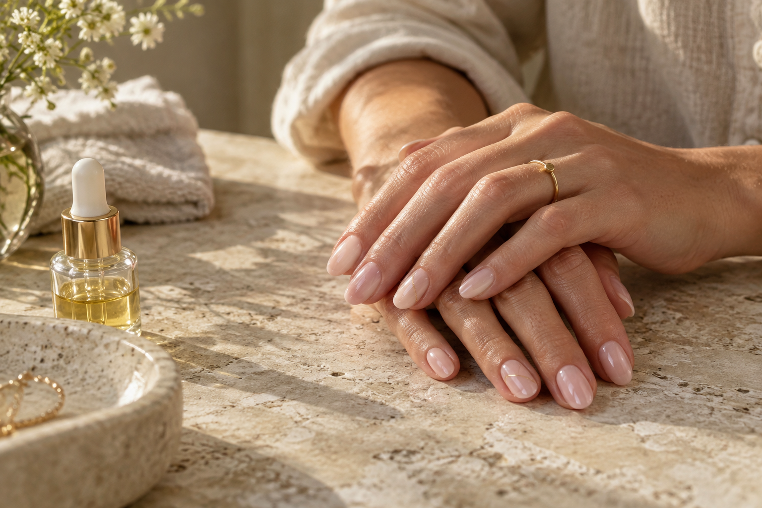 Manucure rose pâle sur une surface en pierre